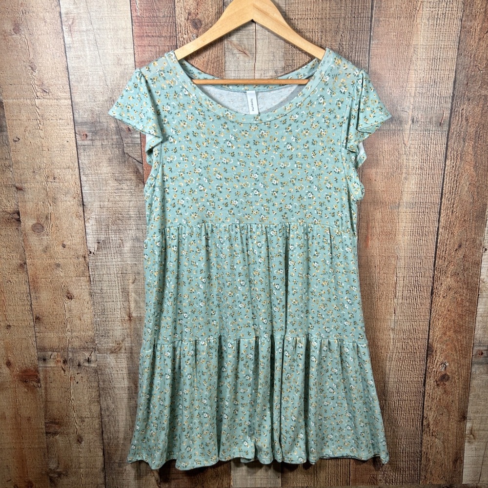 Honeyme Sage Green Floral Tiered Babydoll Dress Flutter Sleeve Boho Small S
